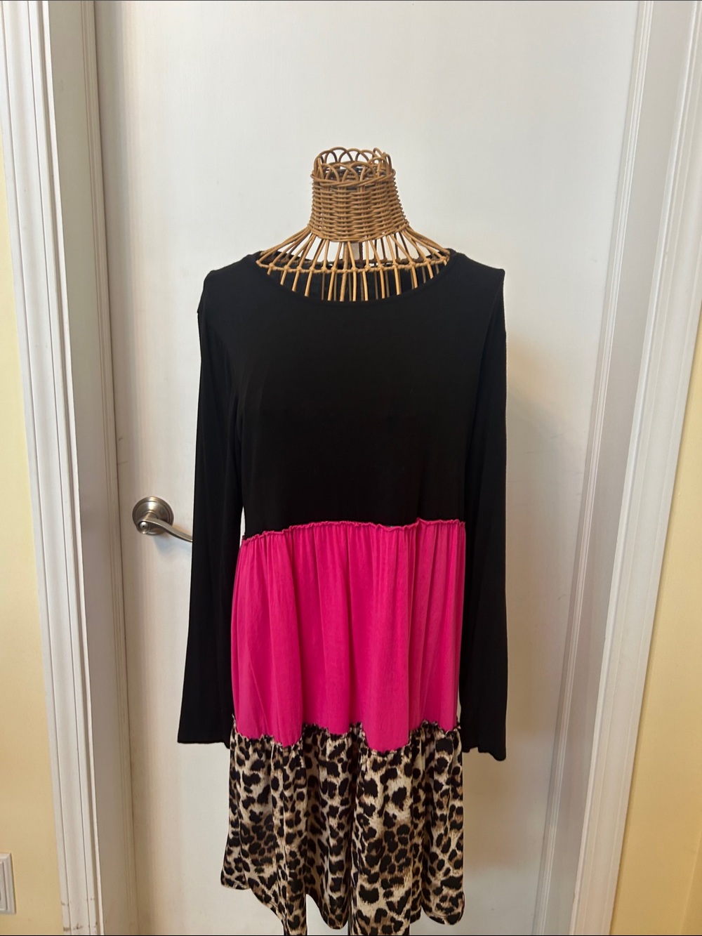 Black and Pink Colorblock Long Sleeve Dress with Leopard Skirt
